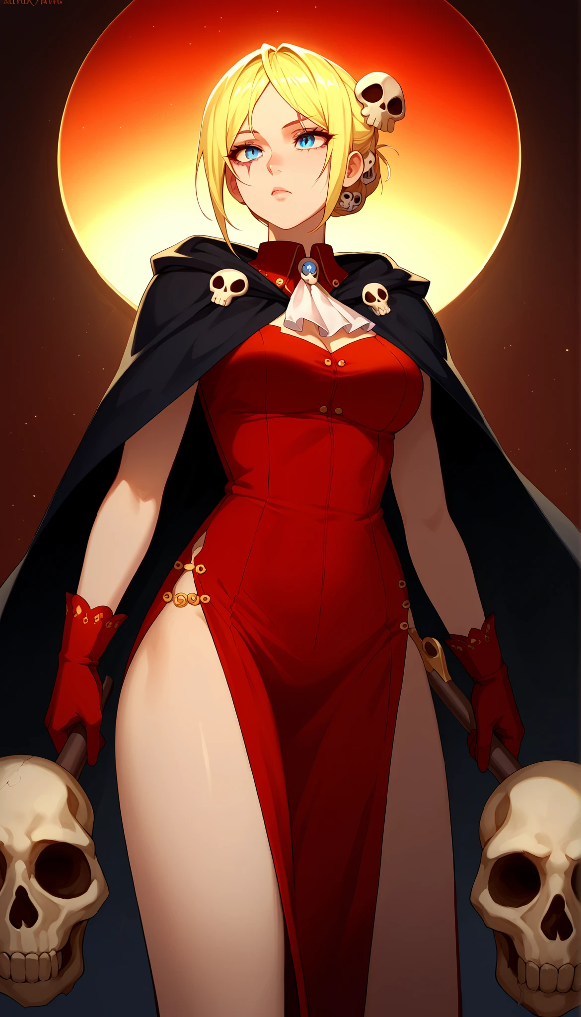<lora:lilisi-10:0.9>Wizard hat,Red side slit dress,Exposed thighs,black gloves,Black long boots,Golden hair and red eyes,wand((extremely realistic shading, masterpiece, extremely detailed, photorealistic))