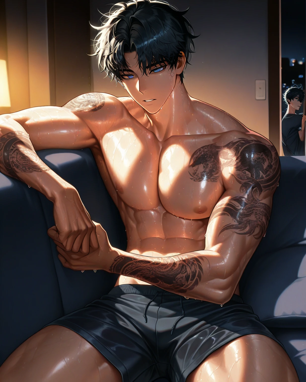 Subaru is sitting and flexing his arms. He wears a black tshirt with short sleeves. His right sleeve is completely rolled up, so you can see his entire arm and shoulder. He wears black short boxershorts. You can see his thighs completely. He has a huge bulge. You can see his abs too. Cum is dripping from his thighs.