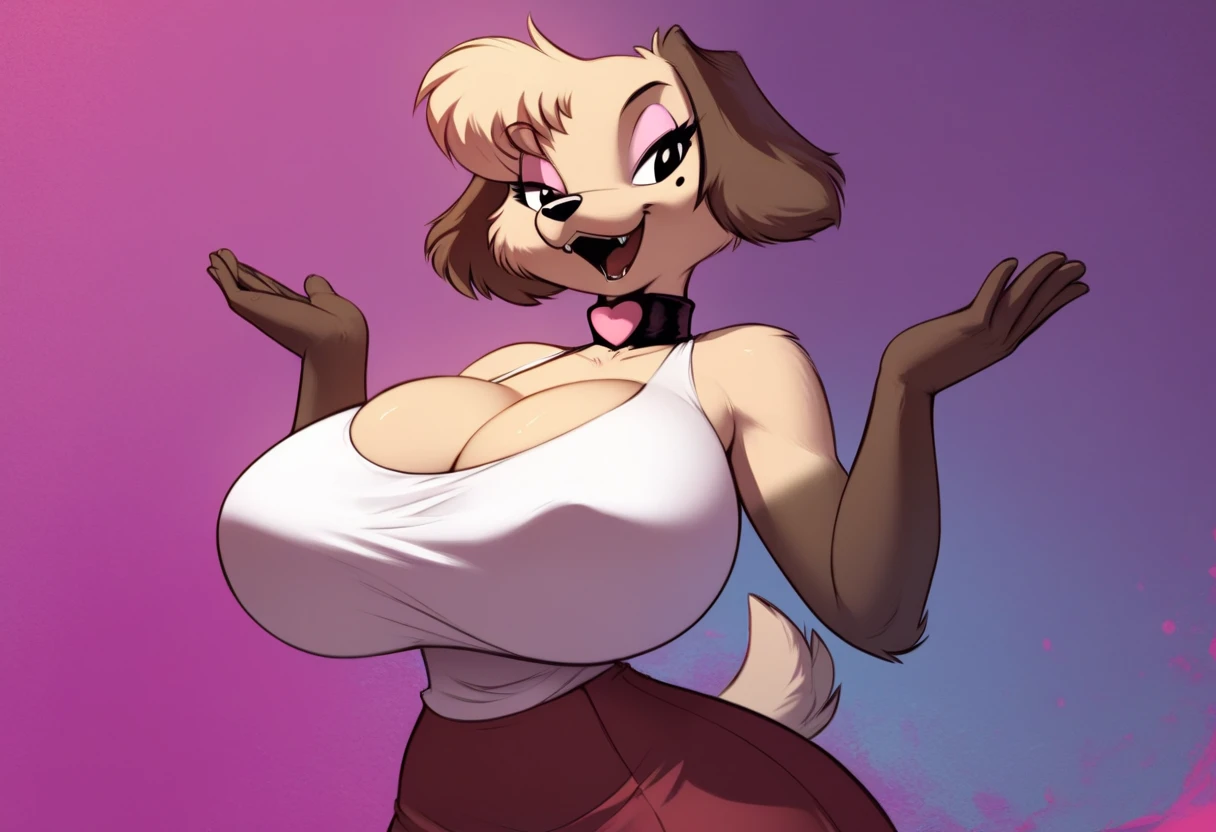 (solo,female,Labrador,anthro),(naked,standing,big curves,front view,hands behind back,huge ass,huge breasts),(simple background),(e621),(by buta99),(best quality,ultra-detailed,realistic:1.37),(portrait),(muted color palette),(soft, diffused lighting)