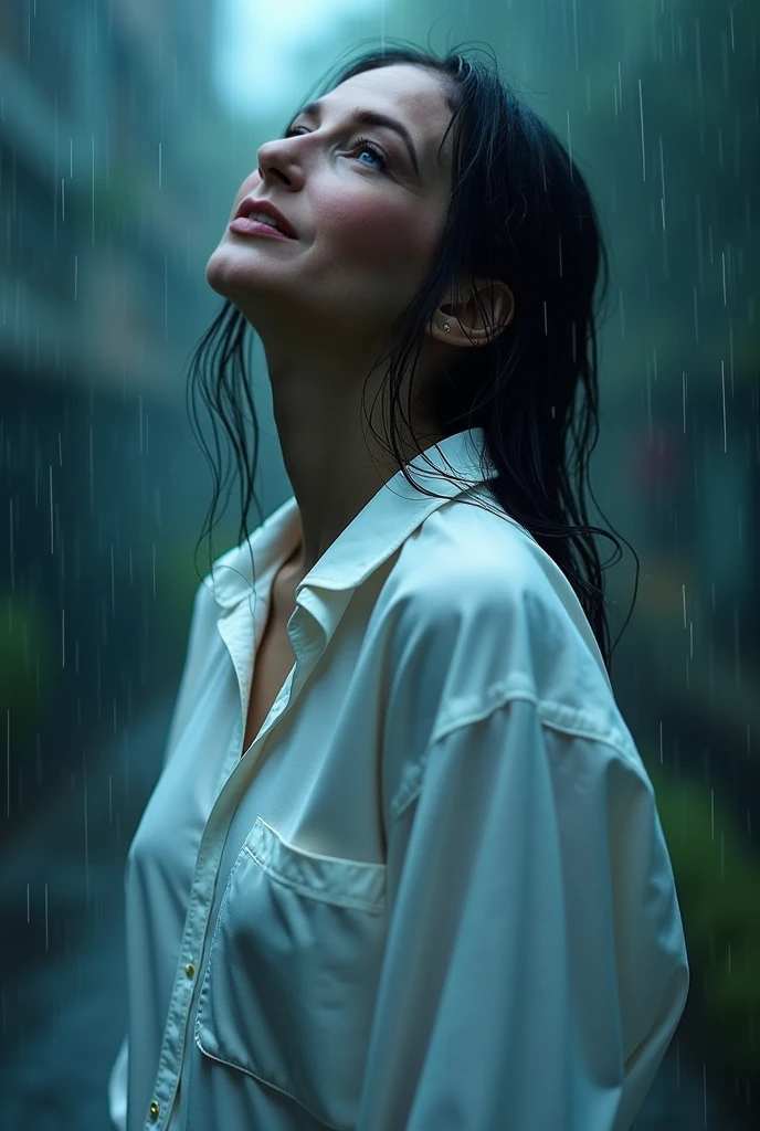 really extreme photography, professional photoset, extremely sexy, double exposure, beautiful 20 year old woman in the rain, detailed raindrops running down her face and body, Wet hair, wet white clothes stuck to the body, super detailed photo, Play of light under the sunny rain, shower, splatter, luminism, difficult, volumetric light, Global Illumination, detailed environment