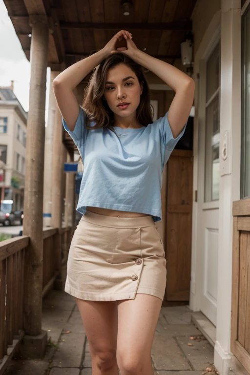 (1girl:1.1), (((masterpiece))), ((best quality)), ((ultra-detailed)), cinematic light, photorealism, front view, 1girl (emma watson, wavy shoulder length brown hair, 30 years old, large breasts, miniskirt, high heels) perfect skin, perfect body, skin pores, highly detailed, 16k quality photo, light diffusion, ray traced, lifting up skirt to show her vagina