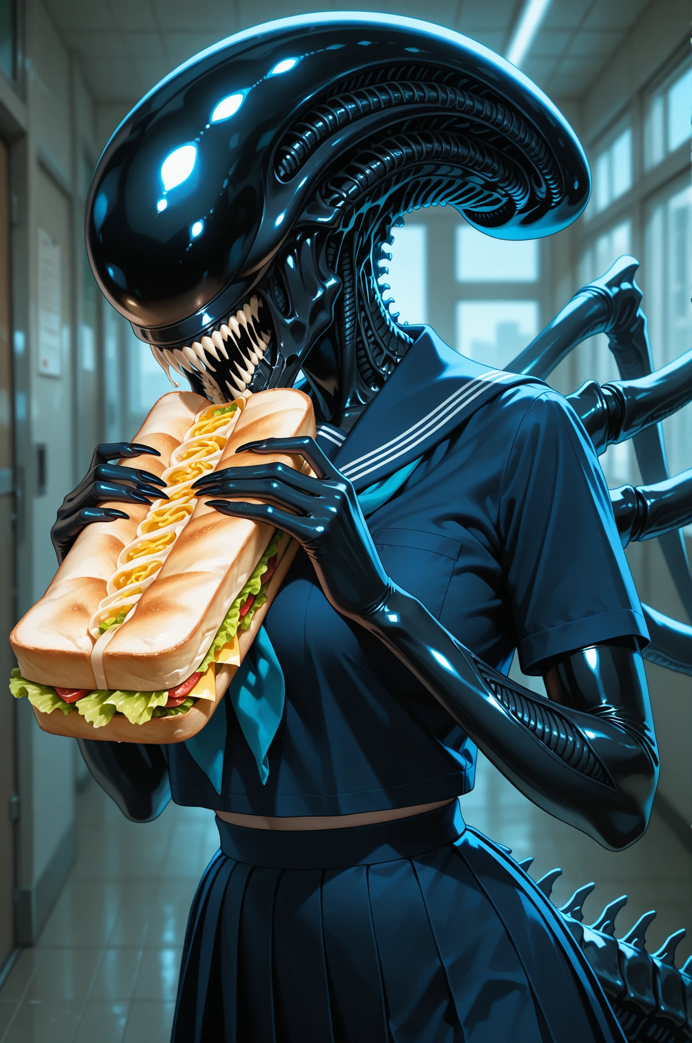 Aliens xenomorph has broken into the pantry, it is eating a donut, spaceship