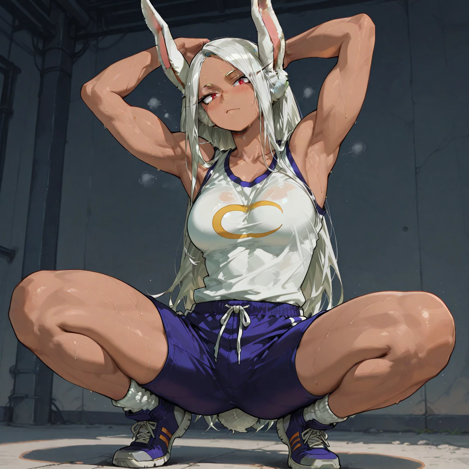 [Miruko; Boku no hiro academia], ((masterpiece)), ((HD)), ((high quality)), ((solo portrait)), ((side view)), ((anime)), ((Kohei Horikoshi)), ((detailed shading)), ((beautiful render art)),((cinematic lighting)), ((intricate details)), {Miruko; (dark skin), cute maroon eyes, long eyelashes, long white hair, long white bunny ears, small fluffy white bunny tail, large boobs, (defined abs), (muscular legs), (defined arm muscles), (gorgeous hips), (expressionless)}, {(white tank top with purple lines), (cleavage), (midriff), (purple tight spandex shorts), (thong straps on hips), (watch on wrist)}, {(running), (looking ahead)}, [Background; (park), (trees), (blue sky), (sun rays)]