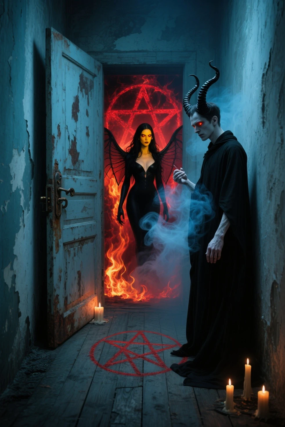 doorways open to a dark room with a statue of an angel and a devil, angel versus devil, devil versus angel, angel watching demon, heaven and hell, spirits coming out of portal, good and evil, between heaven and hell, heaven vs hell, portal to hell, the gate to hell, gate to hell, hell and heaven, spiritual eerie creepy picture