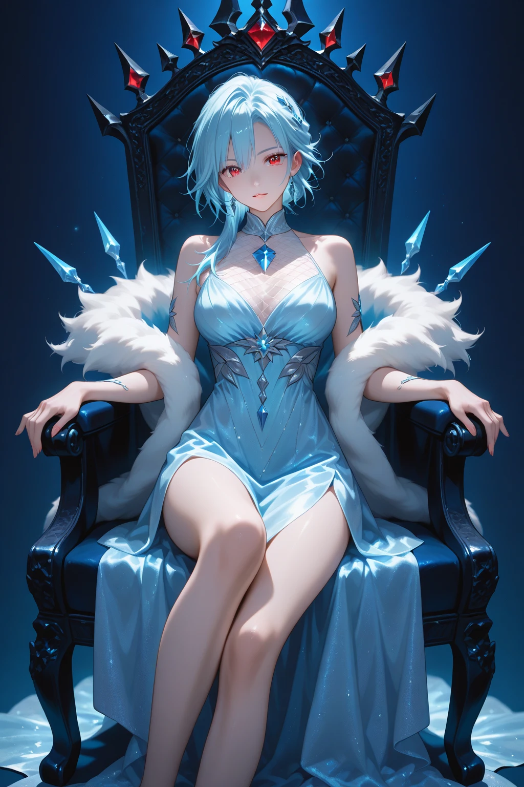Anime teen girl, ((((White and blue winter fur coat)))), Blue hand and thigh accessories, (((Long light (Glowing) aqua hair))), ((Hair accessories)), ((Black eyes)), (((Full body blue decoration))), (Smiling), Pale skin,  Neck, bshoulders, Medium chest, Arms, Hands, Medium Waist, Legs, medium thigh, Cute, Blue stripes on dress, (Wearing white gloves), ((((Meditate next to a beautiful wooden house on a forest chair)))), Serious, Cinematic light, high resolution, Highest quality, Ultra detailed, Detailed face, (Detailed eyes), Best quality, ultra - detailed, Masterpiece, (Detailed face), Clean face, Detailed eyes, ((((White and aqua green robes cover all legs)))), (((See-through leggings and shirts))), (((Barefoot))), (((((Ice around and around her body，Including Ice Halo))))), ((The sleeves are covered with sheer tight clothing)), (((Floating))), ((Ice in her hand)), (((No blush or redness on the face))), ((((Leg and foot rings and ornaments))))