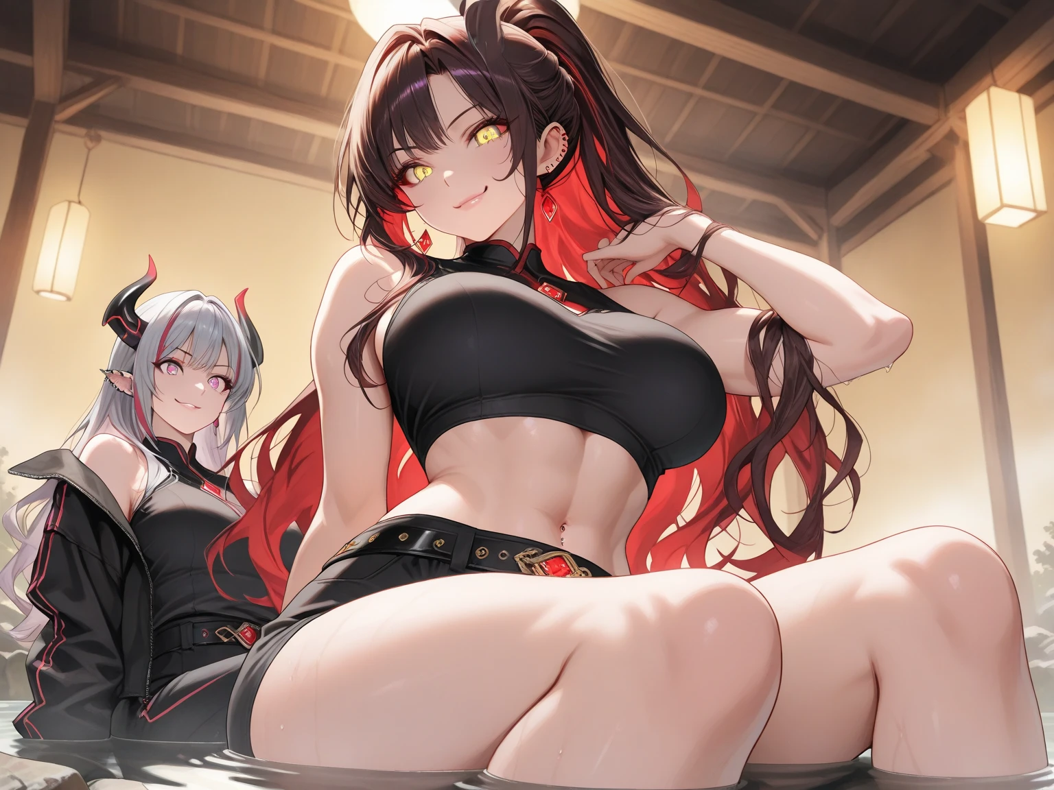 (BENGUS,Edayan):1.2, (hyper-defined art, anime coloring, best quality, hyper-hdr, 8k uhd,  hyper absurdres, (raw sensuality, black woman, black and red striped  thick scorpion tail, , sitting in a  ice cream parlor,  dreadlocks,  headphones,impossibly beautiful african-caribbean features, red and brown heterochromia eyes, sitting,  licking ice cream, backless, sleeveless dress,  thigh lace clogs),  (very dark skin,  voluptuous, curvy, strong, shortstack, black hair, soft face, small wide nose, firm medium breast, curvy hips,  wide hips),hyper aesthetic, hyper-detailed  background), Lusterise, ,({Hyper stylistic, sharp gradients, deep highlights, hyper exposure,  hyper detailed smooth textures),  perfect hands,  hyper perfect , perfect eyes, perfect anatomy, perfect  physiques, amazing skin, hyper-detailed eyes,  hyper-detailed features, salaciously smiling, dynamism,   dynamic lighting, dynamic shading, sensual shadowing,  sensual atmosphere 