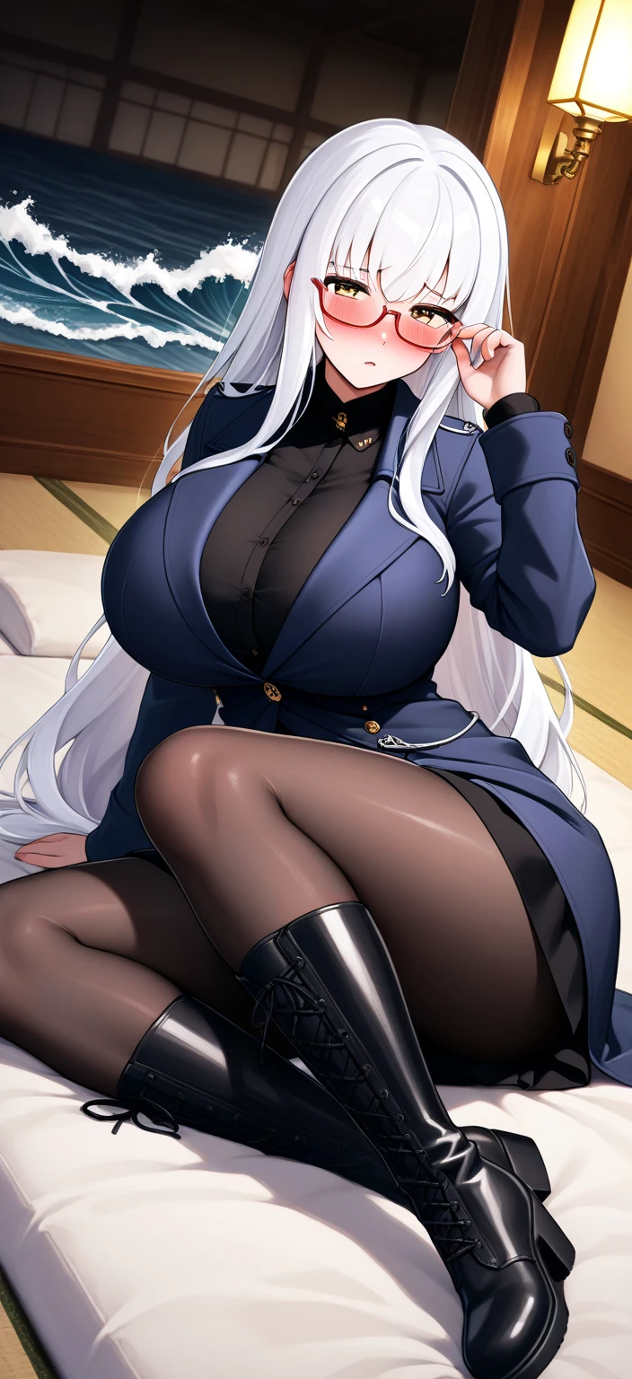 Kouka Uzen,(masterpiece, best quality:1.2), (high resolution, 8K RAW photo, photo realistics, clear focus, weak outline:1.3), (cinematic lighting, moody image atmosphere, textile shading), pov, solo, ((nfsw:1.5, fuge breast:1.3, big tits, breast cleavage, harass sexually, in heat, presenting)), ((beautiful eyes with highlight:1.3)), (looking at viewers), raised sexy, (embrassed), (white hair), long hair, asymmetric hair, half updo hair , ((red eyes)), bokeh , tight focus, (correct anatomy:1.6, ideal ratio of body proportions), ((Cat ears)), ((cat tail)), ((military uniform, white gloves, epaulettes, belt, pleated skirt, black skirt, thigh boots)) ,((in dormitory)), (seductive smile), ((squatting, holds skirt up, showing panties)), (shot from below), (she looks down at you),