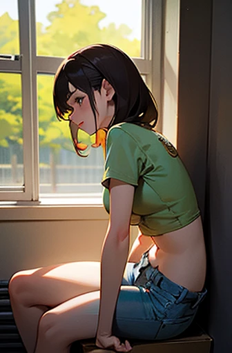 1 girl, bright green short hair, small breasts, big ass, hard nipples, ((completely naked)), wet skin, ((big Scars on the body)), Scars on the body, ((very wet body)), sweaty skin, is sitting, abandoned room in the background, sunset, warm light, apocalypse, abandoned concrete building, skyscrapers in the background, blush on the face, Best quality, 8 k, A high resolution, Anatomically correct, masterpiece.