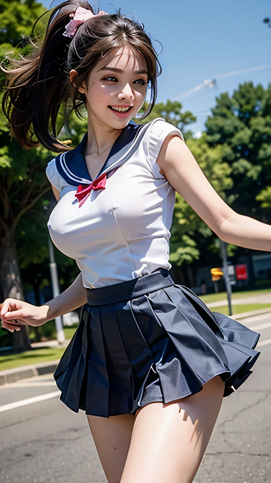 top-quality、4K picture quality、realistic touch,high-detail、photoRealstic、big eye、lean and slender body、huge tit、wearing clothes that are too small、Strong eyelashes、A sexy、full body Esbian、Submissive smile、Flushed cheeks、Kamimei、thin-waist、Voluptuous thighs、Enraptured look、Country road side、high school student in sailor suit、sleeveless、Tall、Her skirt is too short and her butt is visible.、long slender legs、Thin long eyebrows、Sensational attire、 I can see your breasts from the side、clothes with wide open sides、sexy pose、see-through short skirt、big butts