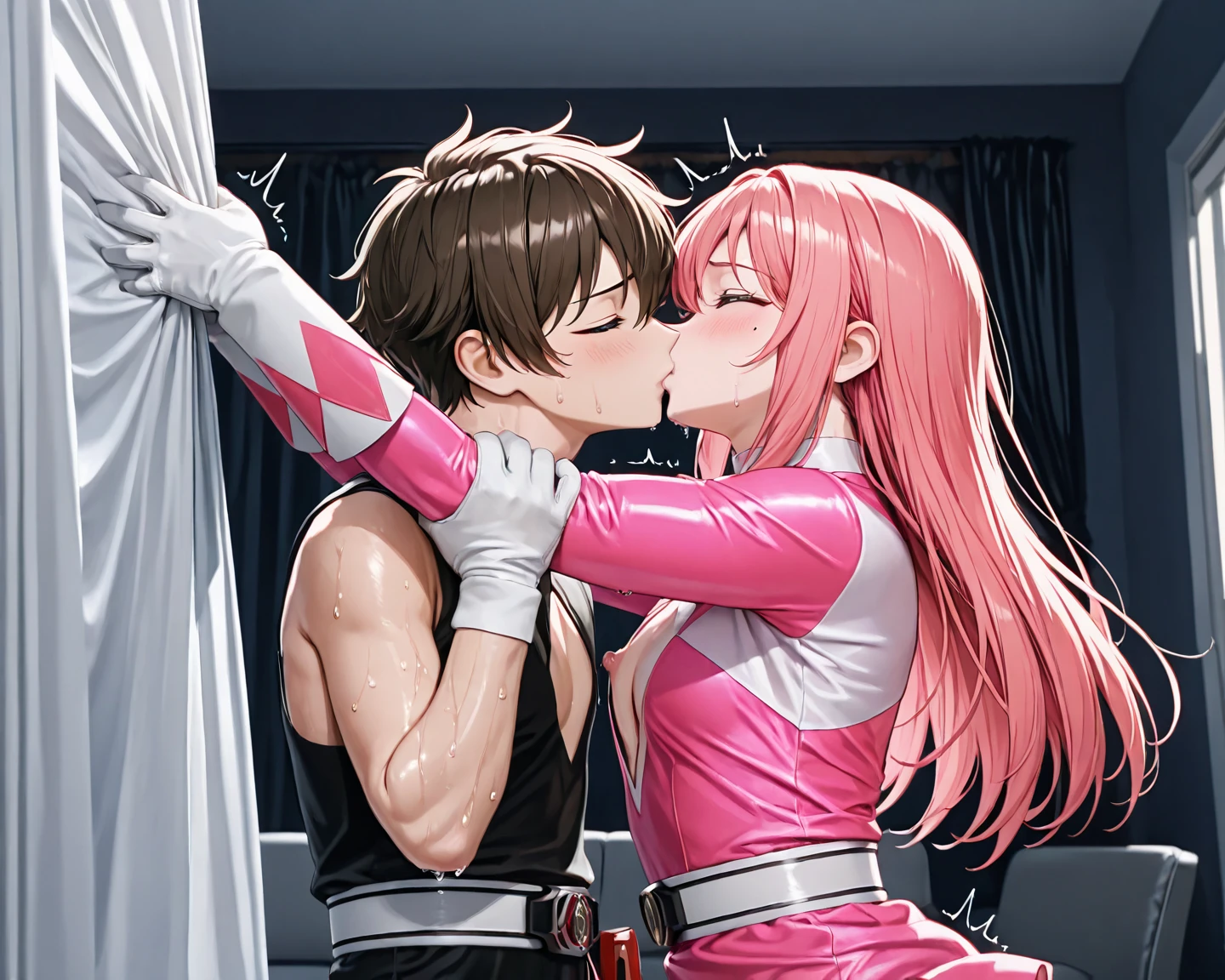 score_9, score_8_up, score_7_up, score_6_up, source_anime, game cg, beautiful eyes, aoi_nagisa_\(metalder\), BREAK duo, 1girl, koukawa asuka, brown hair, long hair, blue eyes, bangs, side bangs, (huge breasts:0.8), curvy, prosthesis, fishnets, taimanin suit, pink bodysuit, impossible clothes, skin tight, covered nipples, shiny clothes, BREAK embarrassed, looking at penis, (deepthroat:1.2), 1male, cum in mouth, (x-ray:1.2), (hug:1.1), breast squish, inside, hotel, pink theme, lighting, upper body,
