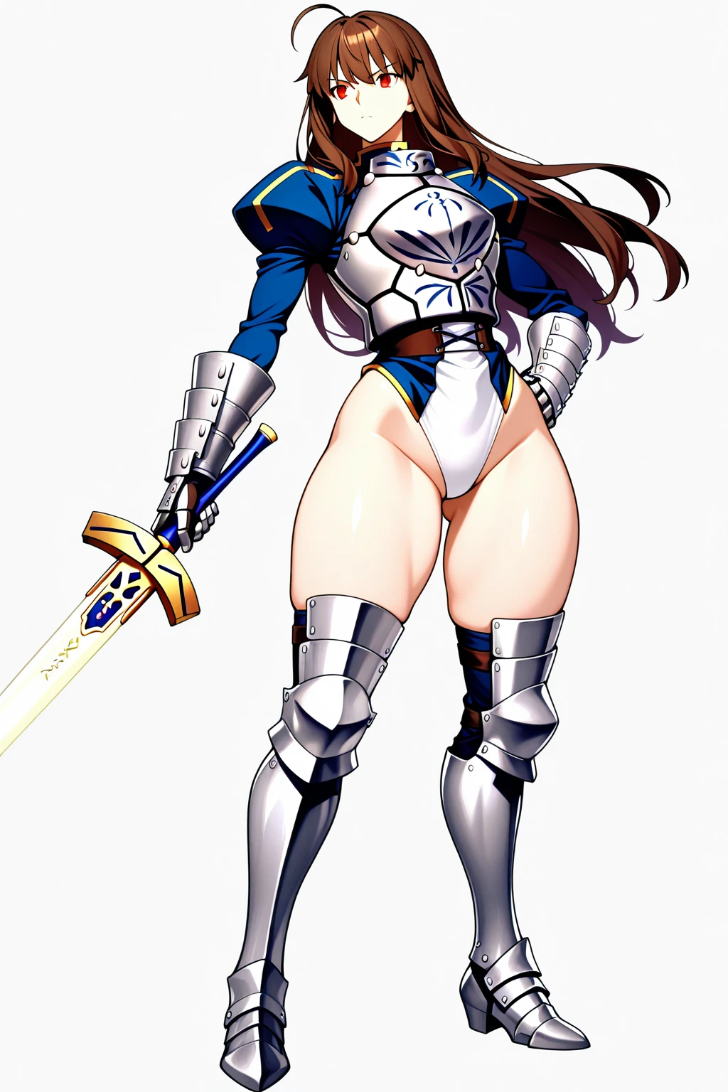 (high resolution, pixel perfect, realistic, gorgeous illustrations), (hyper quality, muste piece, etheric: 1.4), (solo, 1girl), ((long hair, black hair, blue eyes)), (((((((pale skin)))))), (((((((stand,open legs)))))), cool atmosphere, ((finely detailed beautiful eyes and detailed face)), angry, wide hips, Big breasts that are about to burst, fighter, ((((wh_chi_armor)))), (leotard), ((cameltoe)), lewd woman, shiny skin, gleaming skin, sweat, simple background,