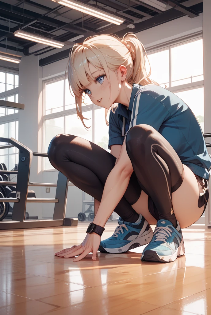 masterpiece, high quality, girl, realistic, blonde, long hair, wavy, light blue eyes, wearing black sports top, wearing black shoes, sweaty, smiling, background gymnastics