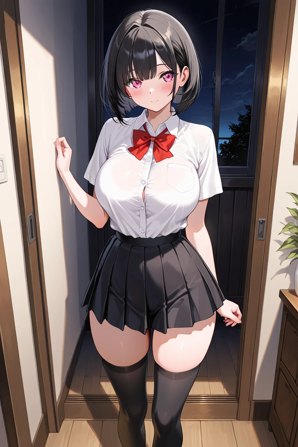 aimizuno, ai mizuno, black hair, hair between eyes, (red eyes:1.5), short hair,
BREAK black legwear, black skirt, brown footwear, collared shirt, loafers, long sleeves, miniskirt, plaid, plaid neckwear, plaid skirt, pleated skirt, , shirt, shoes, skirt, sweater, (white shirt:1.6), wing collar, yellow flower, yellow sweater, JS_ShortSkirt, (micro mini skirt:1.4),(white panty)
BREAK looking at viewer, full body, standing,
BREAK indoors, classroom,
BREAK (masterpiece:1.2), best quality, high resolution, unity 8k wallpaper, (illustration:0.8), (beautiful detailed eyes:1.6), extremely detailed face, perfect lighting, extremely detailed CG, (perfect hands, perfect anatomy), (big breasts:1.6), (slim:0.8)