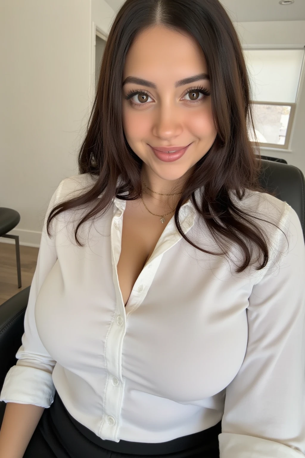 jovem com cabelo liso castanho escuro, walking around the office with an open black blouse, MEDIUM size chest, shy smile, lingerie transparente, mostrando seus seios e pubis.