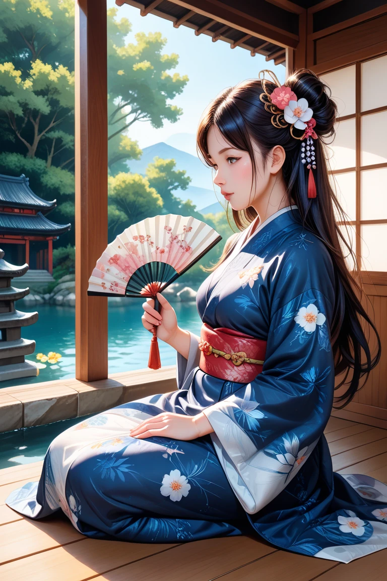 Detailed background(luxury hotel(Night view of Kyoto in the morning outside the window)),Sitting on the bed,BREAK,elaborate costume{Luxury kimono(Colorful kimono(detailed embroidery,))}、1girl in(Japanese Idol(actress):1.2)(face perfect:1.2),Depicting a beautiful and classy adult woman,glossy dark hair(poneyTail),Heart in the eye, Wallpapers 16K,Blur the background with a sickle,((masutepiece)), ((Best Quality)),{{a portrait photo of}},full body Esbian