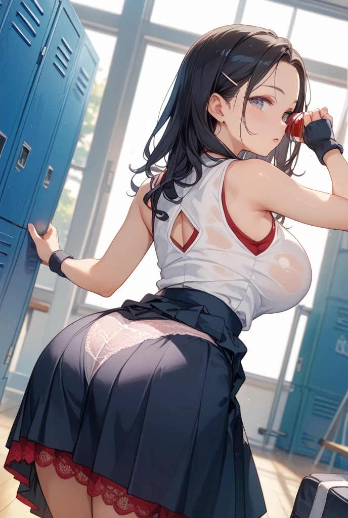 One Woman、beautiful girl、high school girl、tennisコート、Sun visor、tennisウェア、mini skirt、ponytail、Long Hair、tennis、The stands are full、tennisラケットを持つ、Highest quality,  Thick thighs、Big 、Big Ass、Black Hair、Sweaty body、Fullback panties、tennisボールを打ち返す、tennisラケットを振る、tennisボール、Hit the serve