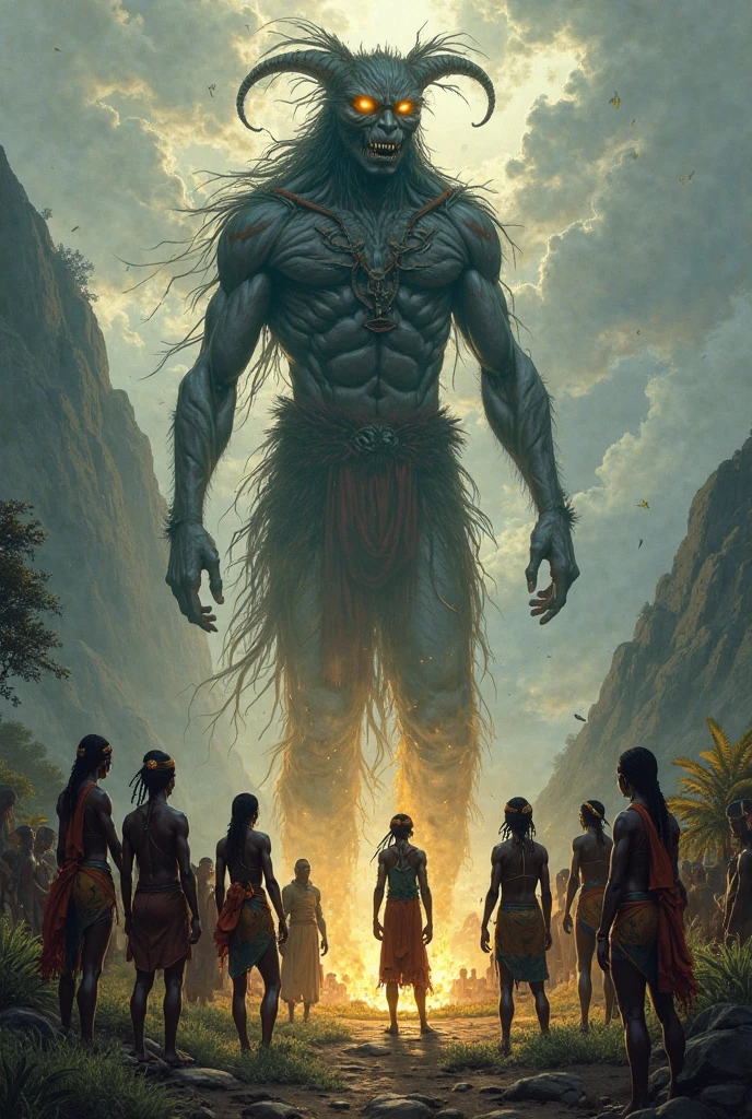 Tripurasura’s Transformation: “Depict the moment when the demon Tripurasura begins to transform. His once fearsome appearance starts to soften, his eyes filled with realization and remorse. The background can feature the remnants of the battle, with Shiva and Parvati standing together, watching as Tripurasura’s dark aura fades and he becomes a being of light. The environment should symbolize hope and redemption, with a glowing sky and vibrant colors.”