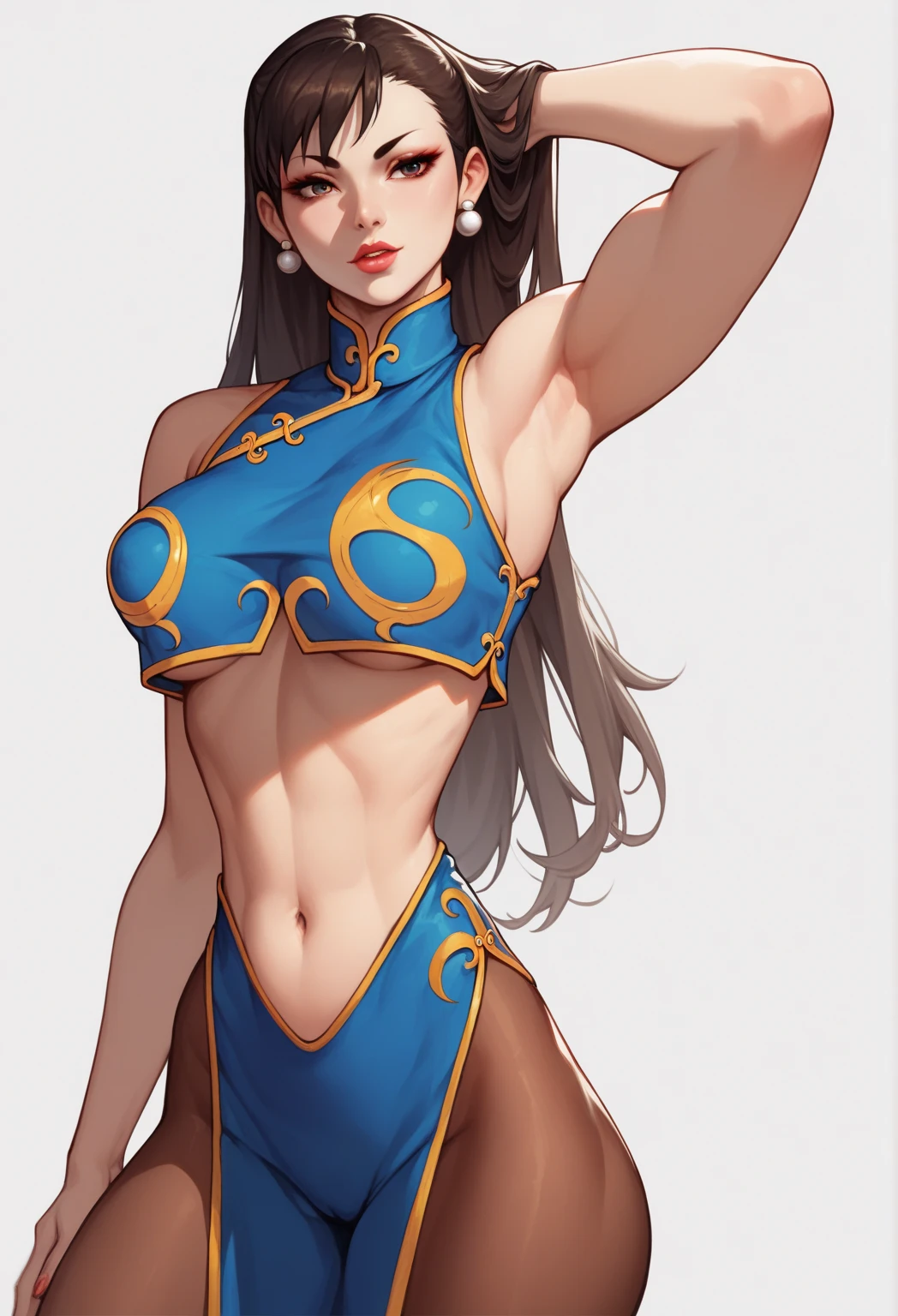 3062197697 Kanae Hyiori, a beautiful woman from the Water Tribe, has red eyes, long brown hair, her dark skin, she has a toned and strong body, in front of a lush igloo, wearing a standard Water Tribe coat, with a close-up capturing the harmonious beauty between her natural breasts, showcasing her mastery of Waterbending, in a fighting stance.