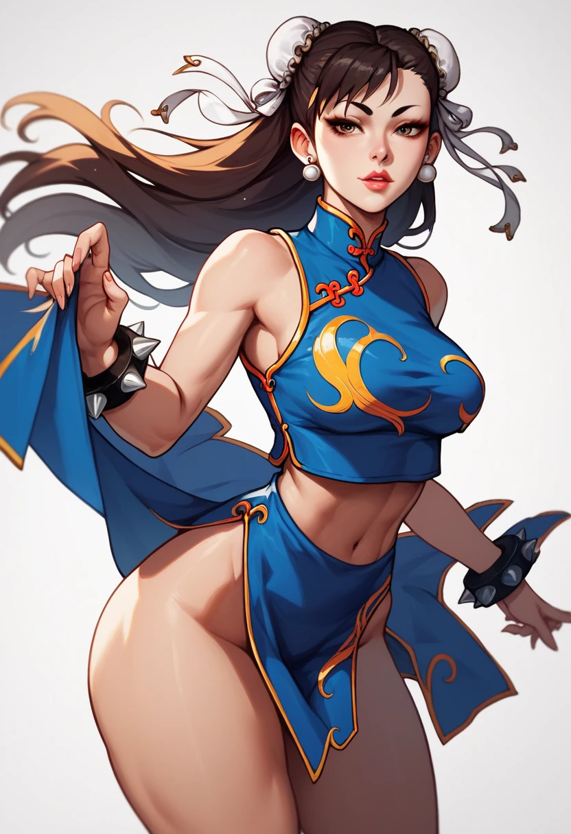 un primer plano de una mujer en bikini y una capa azul, extremely detailed tipo germen, retrato de chun-li, style tipo germen, drawn in the style of tipo germen, tipo germen. alto detalle, portrait of Chun Li, Chun Li, in style of tipo germen, tipo germen. animated illustration