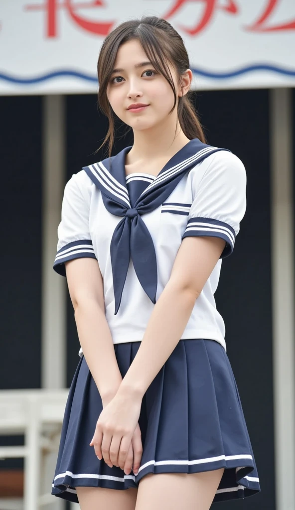 neat college girl, (school uniform, sailor uniform, ribbon tied at chest, summer clothes, upper body white, skirt dark blue, short sleeves), outside the athletic field, (slim), photorealistic, detail, skin texture, ultra detail, delicate and sexy collarbone, smile, super detailed face, detailed lips, detailed eyes, double eyelids, small breasts, small breasts, small, flat breasts, breast emphasis