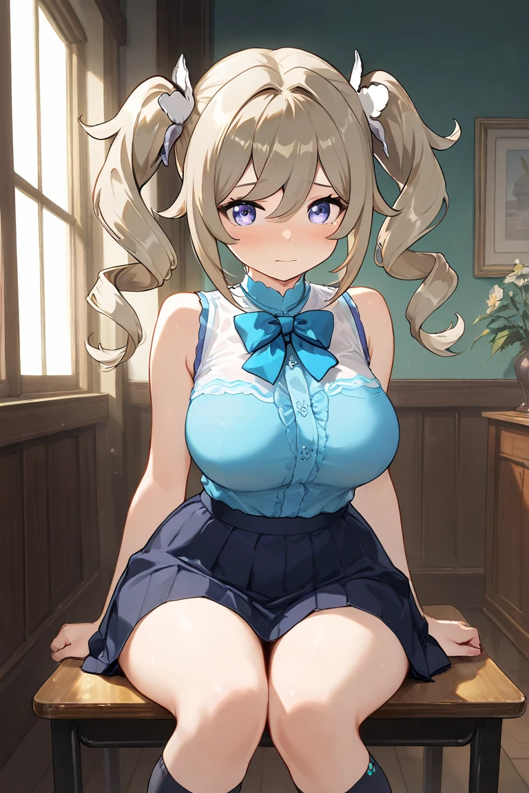 master-piece, bestquality, 1girls,16 years old, View viewers from front, HD, slight smile, big tits, cleavage, tights cloth, , tiny body, under tits cleavage, look down, uniform, paizuri invitation, Yuki Izumi