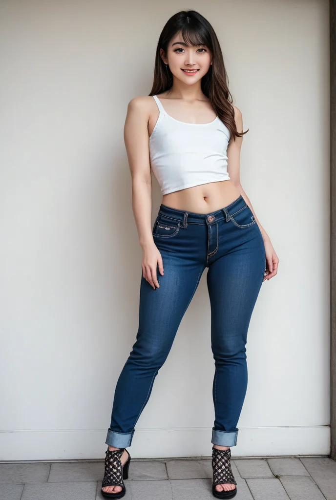 ((Highest quality, 8k, masterpiece :1.3)), Sharp focus :1.2, Beautiful woman with perfect figure :1.4, 1 girl,Slim Abs :1.2, ((Dark brown hair,chest :1.2)), (White T-shirt), Gray background:1.2, Highly detailed face and skin texture, fine grain, double eyelid,Beautiful Hands,Five Fingers,Fashion model posing,Full body portrait,Cowboy Shot,jeans,jeansを脱いで,Cast a Shadow,