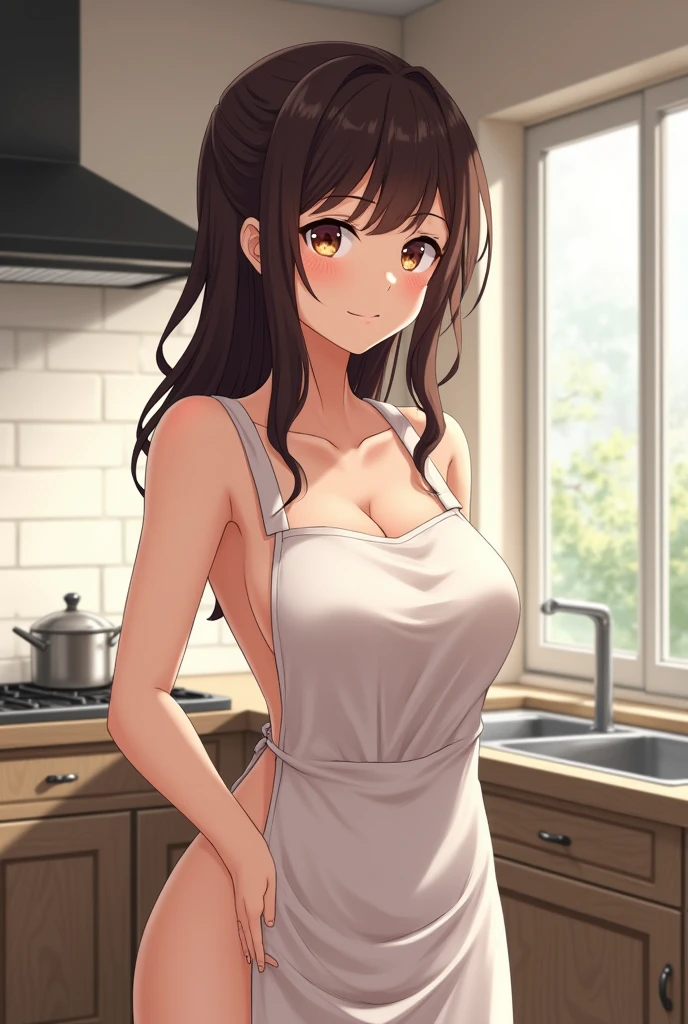 1girl,20y.o,just wear an apron,brown hair,mullet haircut,long hair,brown eyes,Kitchen background,naked,smile expression, lewd, sexy, seductive, NFSW, exposed breast, nipple