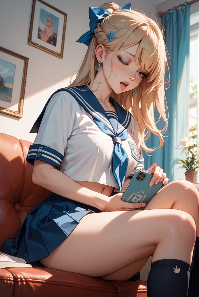 8K, Best Quality, Masterpiece, Ultra High Resolution, (Realism: 1.4), Original Photo, (Realistic Skin Texture: 1.3), (Film Grain: 1.3), (Selfie Angle), 1 Girl, Beautiful Eyes and Face Details, Masterpiece, Best Quality, Close-up, full body, Looking at the Viewer, sexy underwear, no bra, lewd, school girl, sailor uniform, classroom, long legs, tall, pale skin, blonde hair, white skin, reveal uniform, reveal clothes, reveal underwear, expose clothes, expose underwear, expose uniform