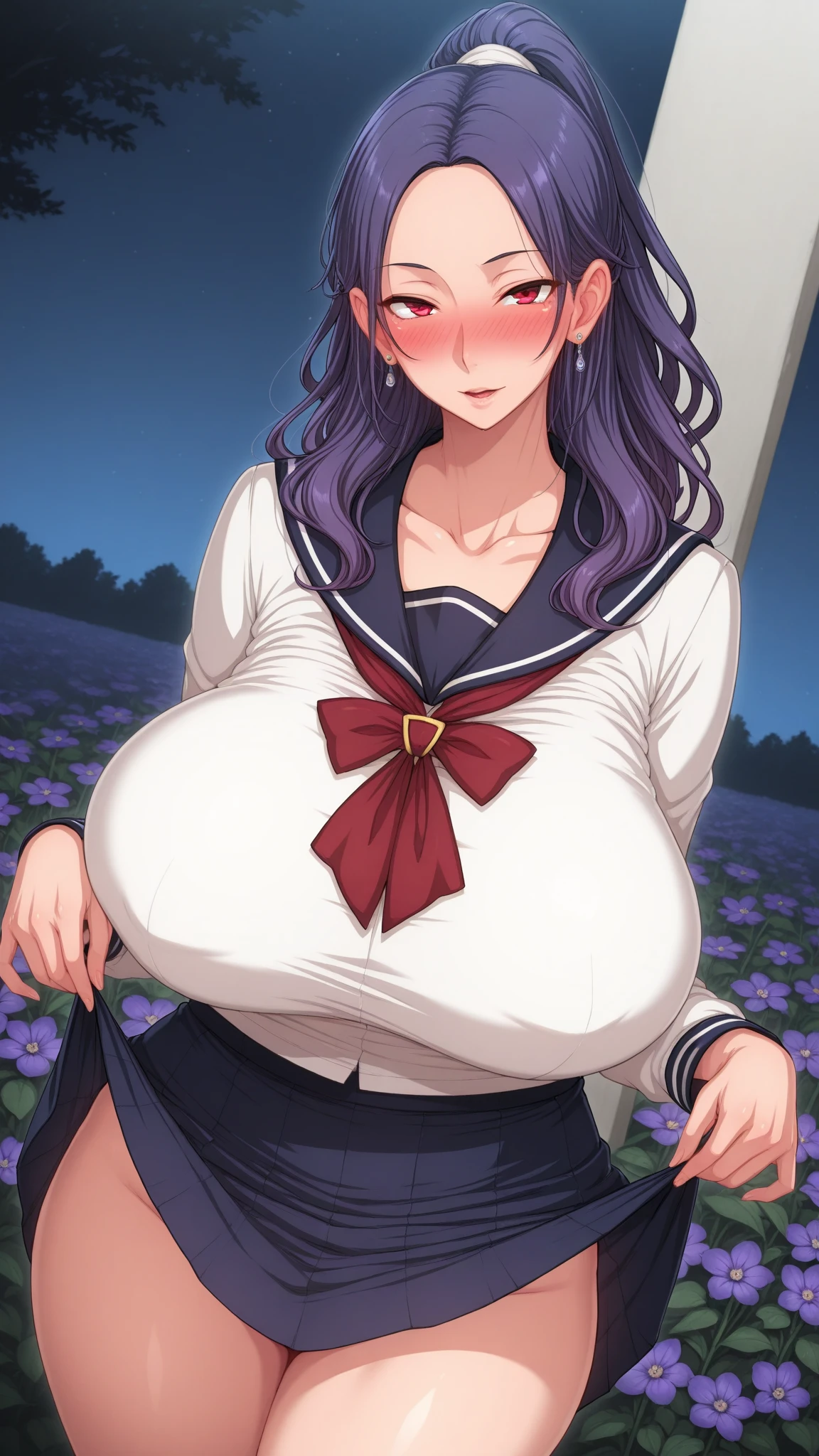 Fraction_9，Fraction_8_direction_7_direction_6_direction_5_direction_4_up，Green short hair，Green Eyes，Tie a bow at the back of your head，Purple and sailor collar，Striped sailor suit，Blue pleated skirt，White socks，leather shoes，Bean eyebrows，Wide hips，Thick thighs，Huge breasts，Huge ass，There is a bow at the back of the hair，Hair between the eyes，Sexy，Cute girl，Green Hair，Everlasting，Positive appearance，Break，Long barrel socks，fat，Japanese Anime，long sleeve clothes，Purple striped clothes