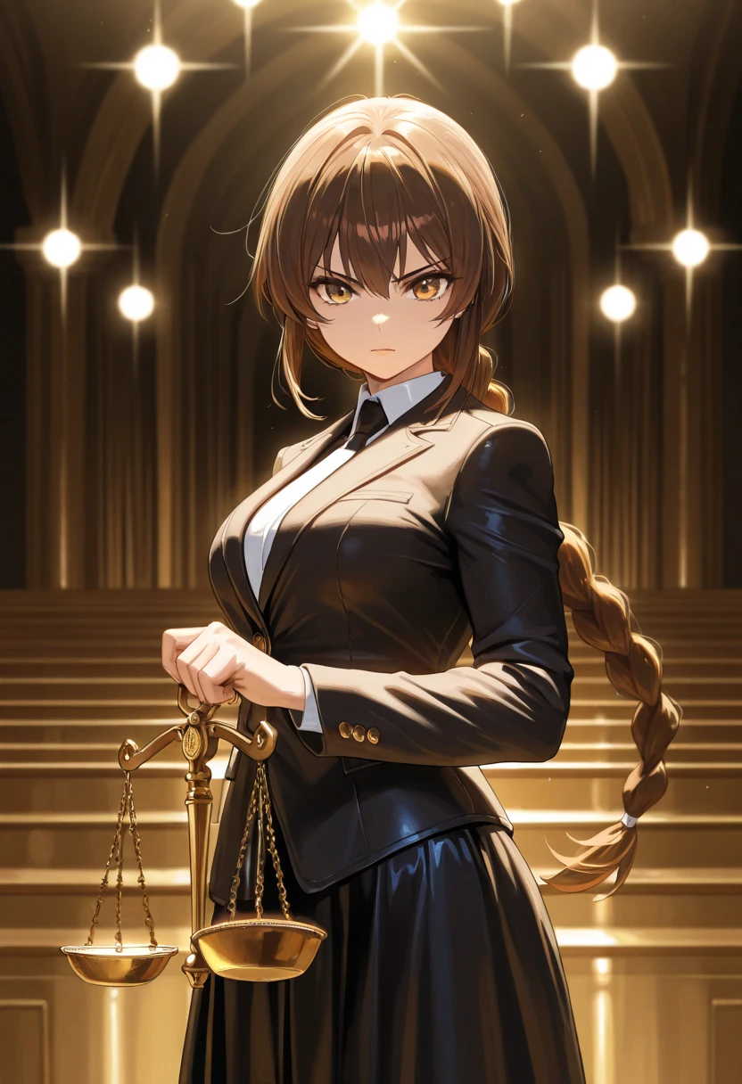 ((Highest quality)), ((masterpiece)), (detailed), （Perfect Face）、The woman is Princess Leona, with medium-long light brown hair, wearing a shiny, flashy, sexy black dress suit with an open skirt, makeup, standing upright, and becoming an evil female executive.、Women are brainwashed, expressionless, and have no highlights in their eyes.