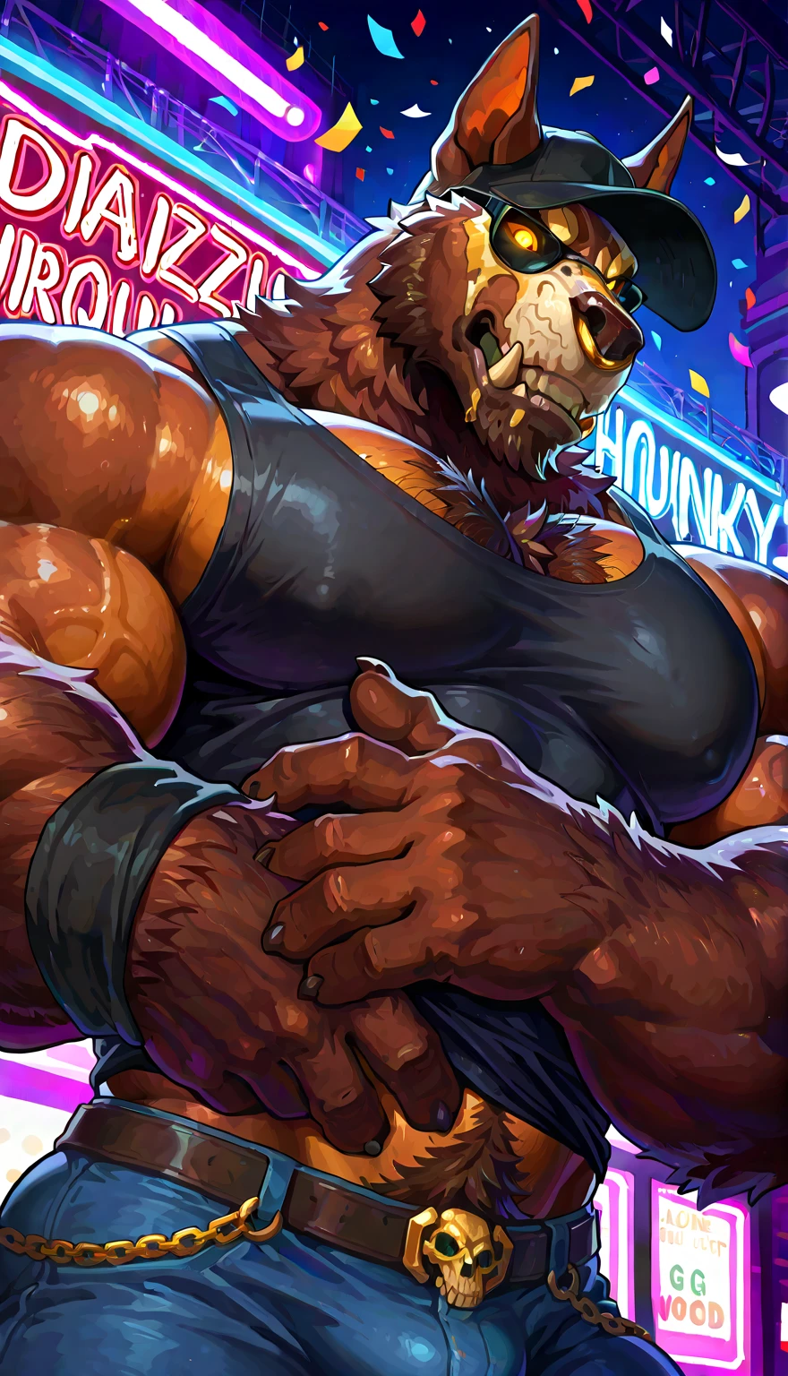 muscular male anthropomorphic german shepherd, Open chest, black leather jacket, black leather harness, police badge, black leather pants, black leather boots, black hair on the body, by the tan on the body, light brown fur on the body, barebody, Big and low naked balls, the big excited and cumming penis comes out like a shot and white goo runs down the top of the penis head with huge knot erection with knot, black leather collar, silver chain, extremely detaild, rippling muscles, Robust and intimidating, (body in focus)