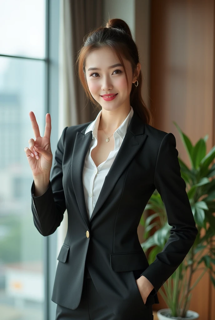 Female office worker in a suit、Facing forward and pointing to the left