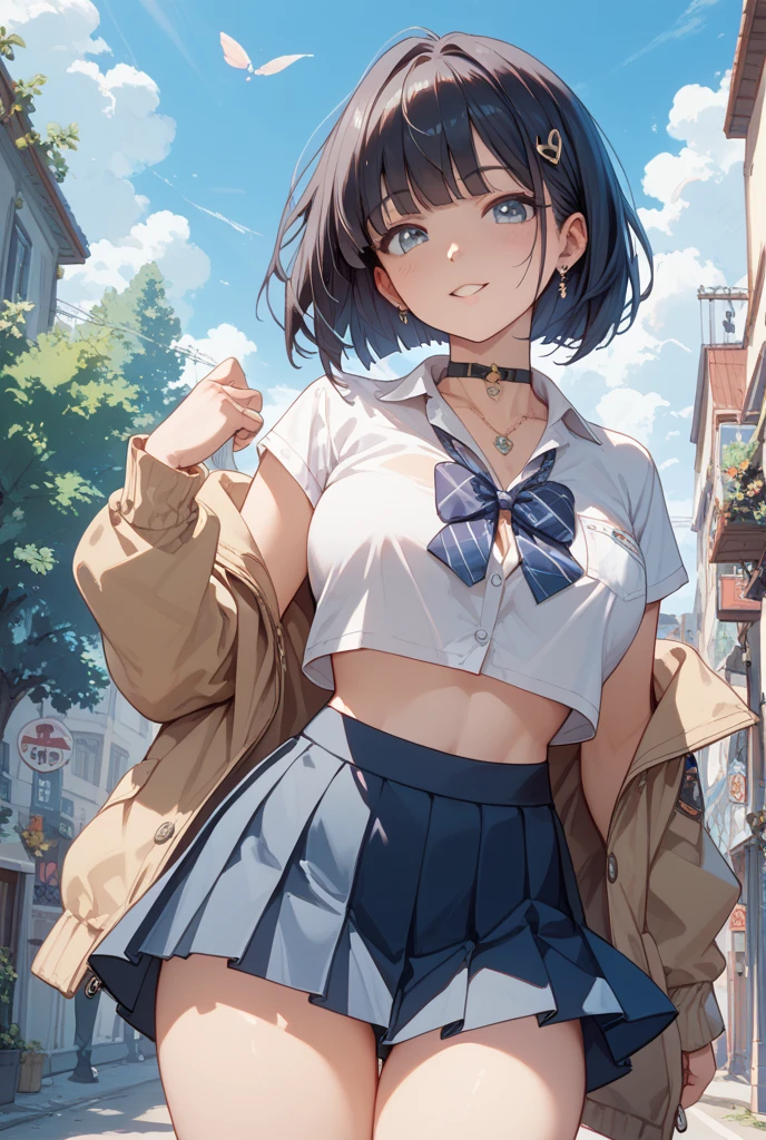 ((top-quality、8K、masterpiece:1.3))、女の子1人、Slender Abs、sofas、hyperdetailed face、A detailed eye、二重まぶた、very Bigger breasts、large full breasts、Colossal tits、Neat and clean schoolgirl、short-hair、Straight bob hair、Shorthair with bangs、A smile、Schoolgirl Uniform、Female genitalia visible from skirt、An 18-year-old woman、Sheer white shirt、unbutton and unfold the shirt、Exposing breasts、Navy blue ribbon at the collar、Dark blue pleated micro mini、Sexy、Peek at the viewer、Beautiful graphics、Bright school building with strong sunlight、Show me your whole body、fully body photo、is standing、No bra、The nipple is visible、No panties、No panties、Detailed female genital shapes、Black pantyhose、(Facing the front)(((Blushing cheeks、embarassed expression)),(((The skirt is rolled up by the wind)))、Showing female genitalia、depth of fields、Bokeh in the background、