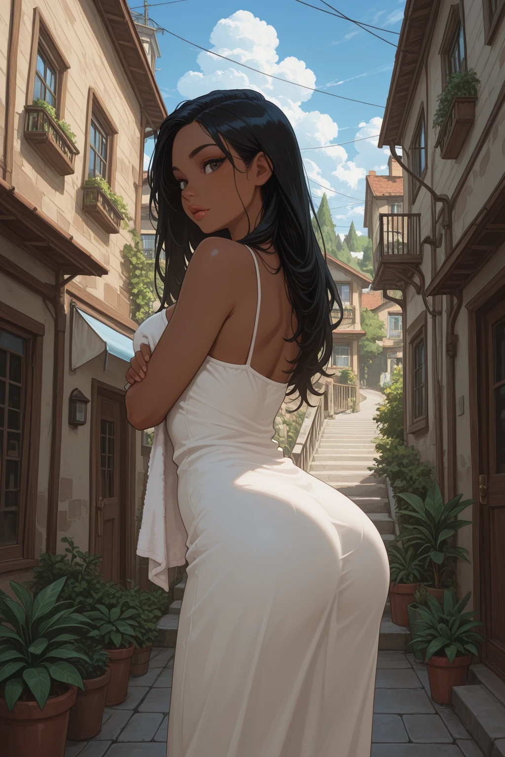 (8k, best quality, masterpiece:1.2), (realistic, photo-realistic:1.37), standing, legs apart, spreading legs, (wide stance), ultra-detailed, 1 girl,cute, solo, (tifa lockhart), (huge breasts:1.5), (beautiful detailed eyes), (smile:1.2), (closed mouth), sharp focus, depth of field, good composition, Final Fantasy VII, black hair, very long straight hair, hair bang, ((red_eyes)), intricate, bokeh, perfect breasts, (full nude:1.5) toned body, athletic, wide hips, thin waist, toned arms, exposed abdomen, (view from behind)