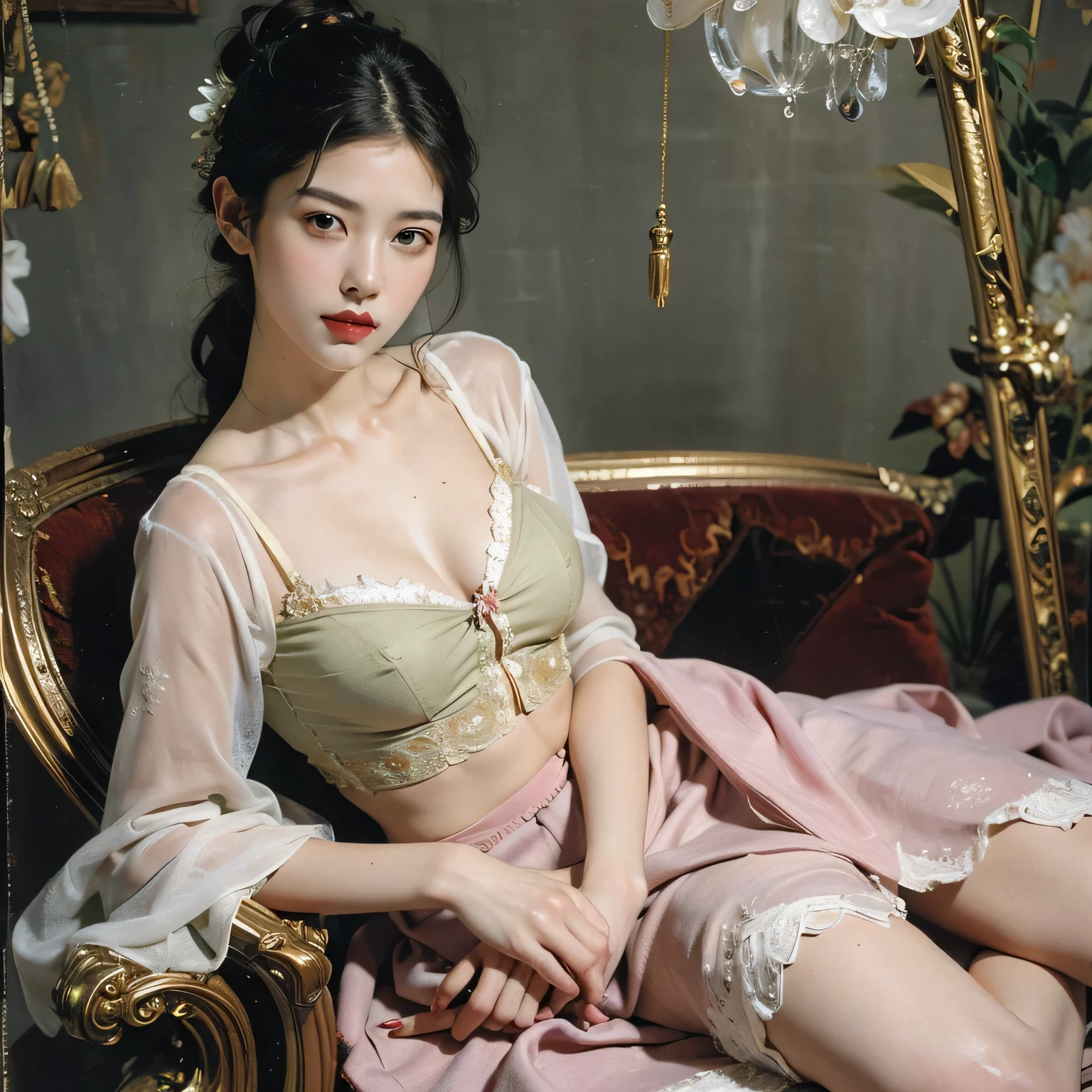 (((Small breasts、Flat Chest、Small breasts))),(((Small breasts))),(((Small Head))),(Maximum resolution, clearly_image), Highest quality, masterpiece, (((A Cup)))Very detailed, Semi-realistic, Woman with short black hair, Mature Woman,,Triple Van,Light green lace nightdress,(((No underwear))),On the bed,Pure white sofa, Elegant goddess outfit,Dynamic wide legged pose,lie、((Pubic hair is visible))