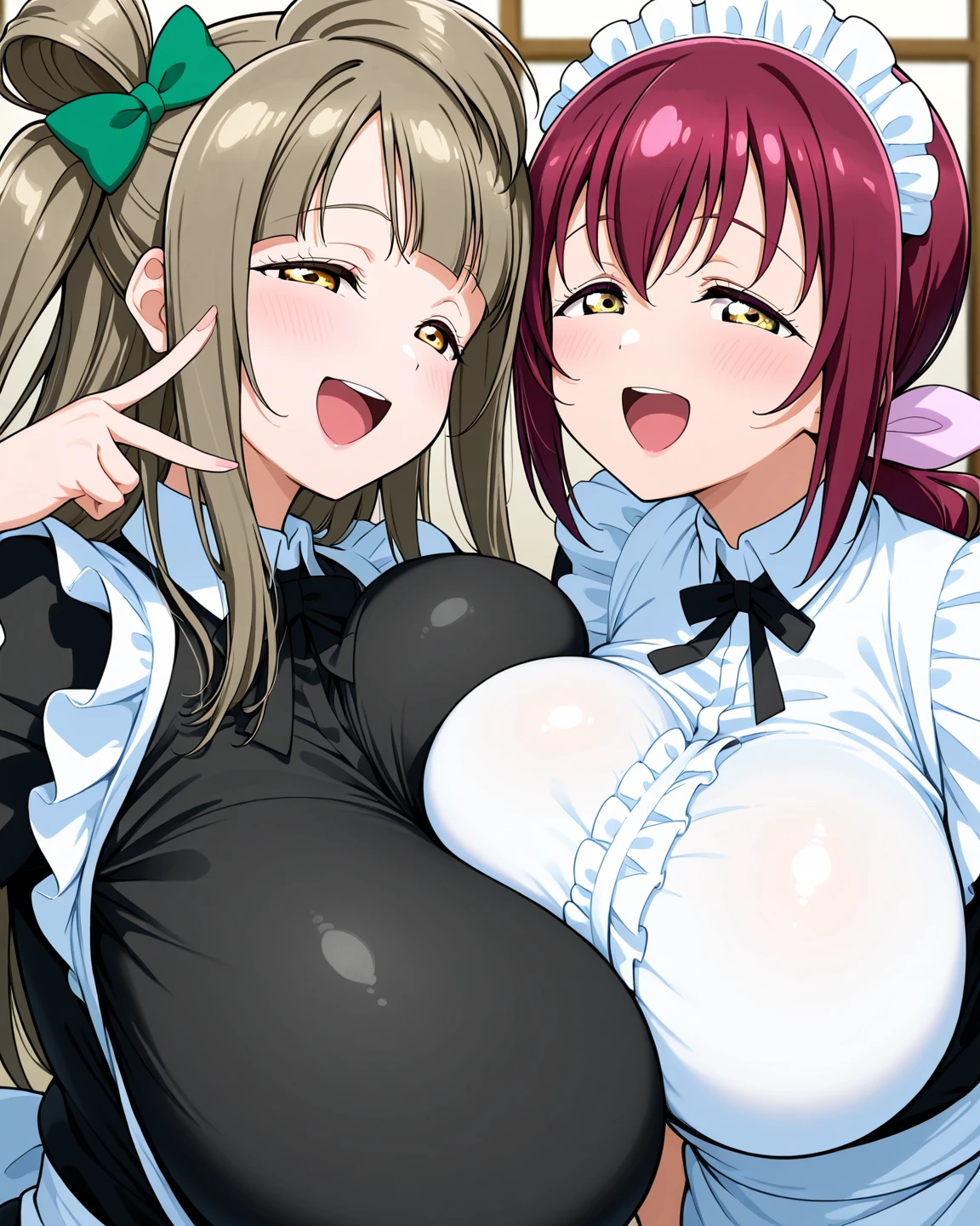 score_9, score_8_up, score_7_up, score_6_up, score_5_up, score_4_up, BREAK source_anime,((gigantic breast,nipple)),((enamel bodysuit)),(Tougou_mimori\black hair,green eyes\,Nogi_Sonoko\blond hair,purple eyes\,)
((two girls,)),((double paizuri with two girls)),((Tittyfucked by two beautiful girls' breasts)), long hair,hair ornament,hair between eyes, bangs, hair ribbon, white gloves, detached sleeves, bare shoulders,white thighhighs,magical girl,(Heavy breathing,saliva,blush, sweat, Sweaty and wet all over,)half open eyes,glaring shyly,paizuri,breasts blowjob,breast squeeze,sweat, semen,cum on hair and face,holding her breast with both hands,penis,ejaculating penis,blowjob,Fellatio,deep throat,pov, Looking at Viewer,ahegao,fucked silly, sexual ecstasy,orgasm,tears,bukkake,cum on face,snot,(licking penis with tongue),