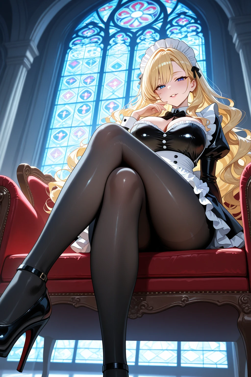 One Woman、beautiful girl、maid、20-year-old、Blonde、ponytail、Western-style building、maidの、頭にmaidカチューシャ、Short skirt、Black Pantyhose、Ultra-definition image quality、Highest quality, smile,Big Breasts、Very large breasts、Sit on a chair、Crossing your legs、Sitting with legs spread open、Poses that accentuate the chest、Smiling with narrowed eyes、breast enhancement、Lean forward、Licking one's lips