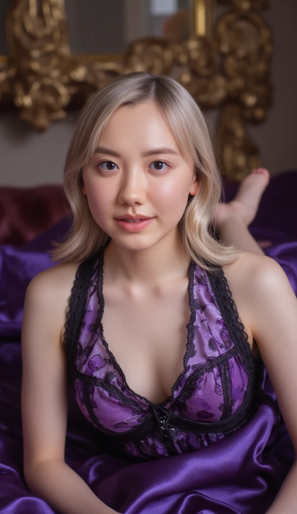 Ini yamanaka, very tempting pose, (at chinese restaurant), (chinese restaurant background), purple dress, lingerie sexy clothes, cleavage cutout, clothing cutout, bare shoulders, blonde hair, very long hair, bellybutton, groin, ponytail,Bangs,purple eyes, 1 girl, 20yo,Young female,Beautiful Finger,Beautiful long legs,Beautiful body, bigbreasts, purple panties, in bed, bedroom, bed, sleeping on the bed, Beautiful Nose,Beautiful character design, perfect eyes, perfect face,expressive eyes, perfect balance, looking at viewer,(Focus on her face), official art,extremely detailed CG unity 8k wallpaper, perfect lighting,Colorful, Bright_Front_face_Lighting,White skin, (masterpiece:1.0),(best_quality:1.0), ultra high res,4K,ultra-detailed, photography, 8K, HDR, highres, absurdres:1.2, Kodak portra 400, film grain, blurry background, bokeh:1.2, lens flare, (vibrant_color:1.2),professional photograph, (beautiful_face:1.5),(narrow_waist)