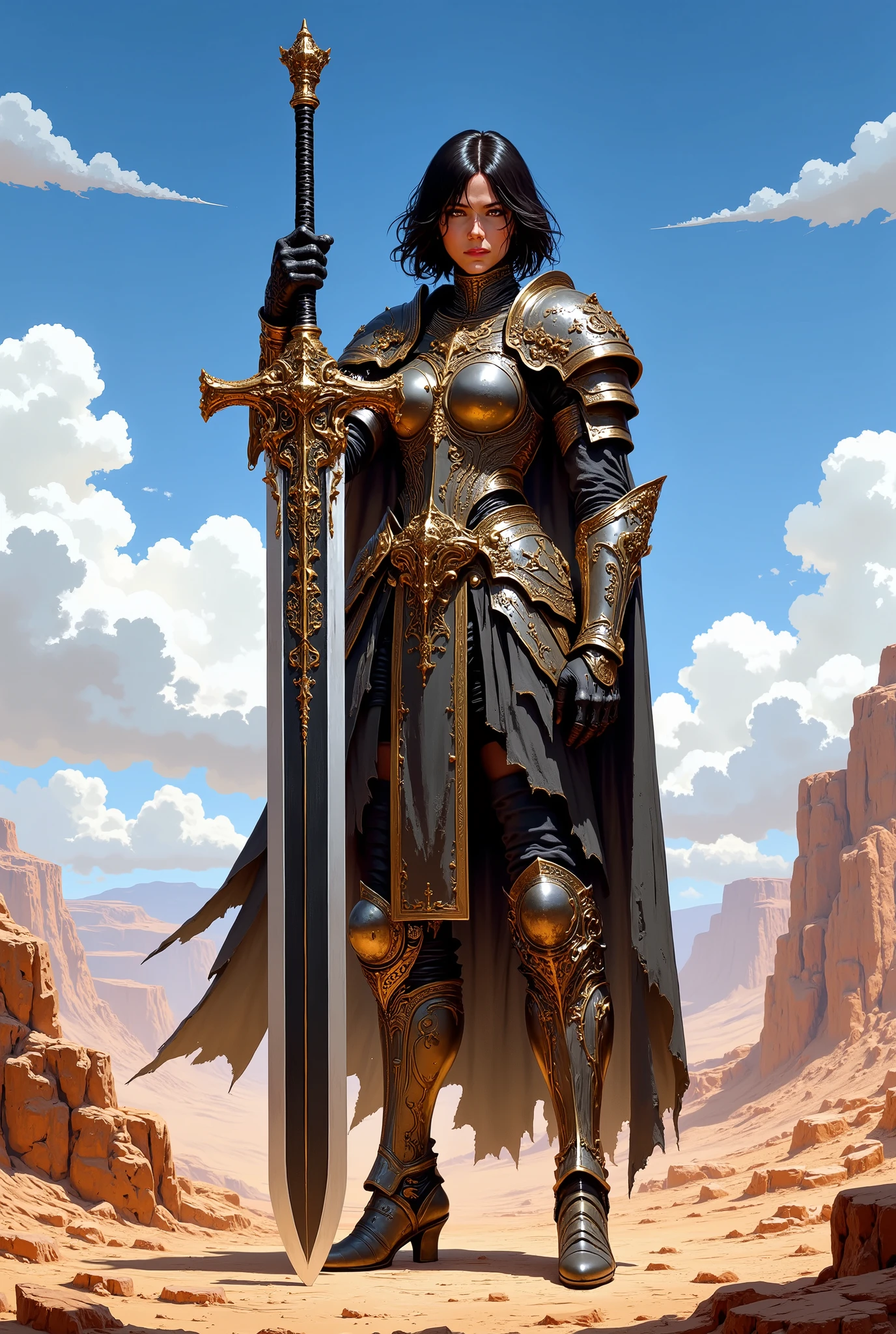 In RPG style, in style of Dungeons & Dragons, in style of fantasy painting. Full body view, looking at the viewer. Image of a female warrior, holding a sword with dark narrow blade. Ornate armor inspired by traditional Middle Eastern aesthetics. The armor is adorned with golden and silver engravings, featuring geometric and floral patterns. Short cloak. Dark pants. High leather boots with small heels. Short dark hair. Standing with both feet on the desert valley path, oasis in the background. Clear blue sky with white clouds.
