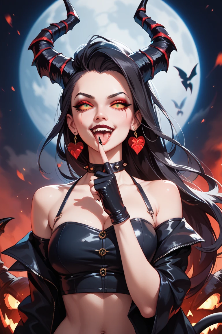 portrait oil on canvas painting , dark gothic church, beautiful busty Asian succubus woman, long thin demon tail, black eyes, sharp fangs, sharp teeth, vampire fangs, monster teeth, evil, dark, mysterious, black leather warlock dress, black smoke