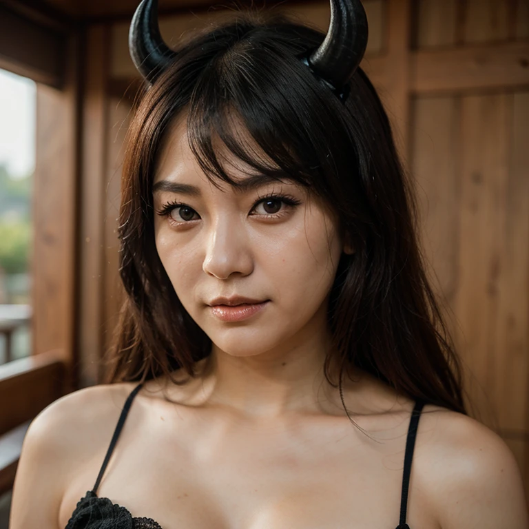 1 girl,alone,down blouse, wariza,From above, big breasts, black hair,white bikini,blurred background, ox’s horn,