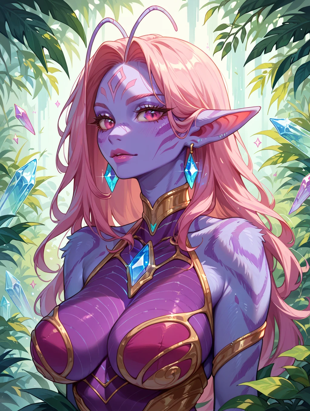 elf, female, dark_skin, headshot, jewelry, piercing_eyes, arched_eyebrows, tattoos, mystical_forest, glowing_flowers, fae_creatures, hint_of_smile, huge breasts
<lora:Bang-You_v3:0.5>