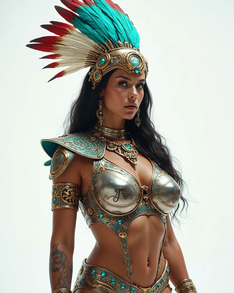 ((best quality)), ((masterpiece)), (detailed), perfect face 1 young girl,Aztec warrior goddess, beautiful, perfect, una Aztec warrior goddess, cara perfect, perfect body, medidas perfects, Perfect medium breasts, perfect waist and thighs, brings su armadura,(gilded with obsidian and jade), and gemstone inlays, armor worthy of a goddess, (she is surrounded by a divine aura), brings un hermoso_big and (majestic headdress) of feathers of colorful feathers, (very intricate design), (Exotic feathers), brings (obsidian macuahuitl), the weapon of a god,