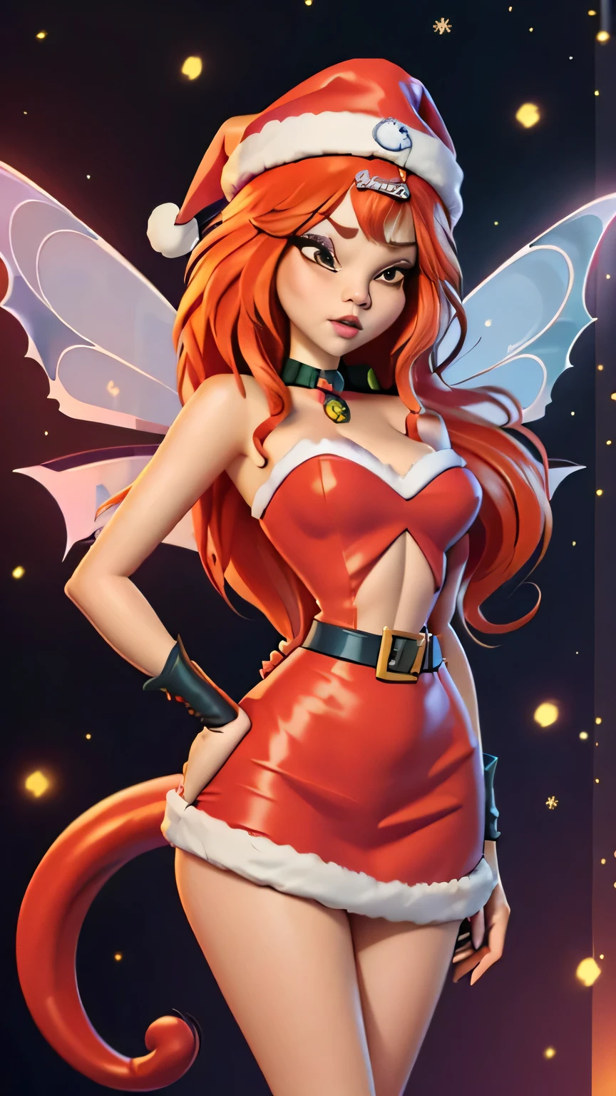 close up 1girl in, photo of Dark Bloom, Waifu, Anime style, Solo, (messy copper red hair, very long hair, thick red hair), (perfect clear skin, pale skin, detailed skin, large breasts, round breasts, perfect body, skinny, thin, thin hips, thin waist: 1.25), (fairy wings, wings, two wings, translucent wings: 1.35), (bord expression, cleavage, focus on breasts:1.2), (wearing makeup, (santa), red santa dress, santa hat, strapless dress: 1.5), looking down at her, leaning towards you, Looking up at you, seeing down her cleavage, (cozy log cabin, stary sky), (realistic photo, best quality, detailed), (8k wallpaper), (natural lighting, beautiful light, delicate, soft colors, cinematic)