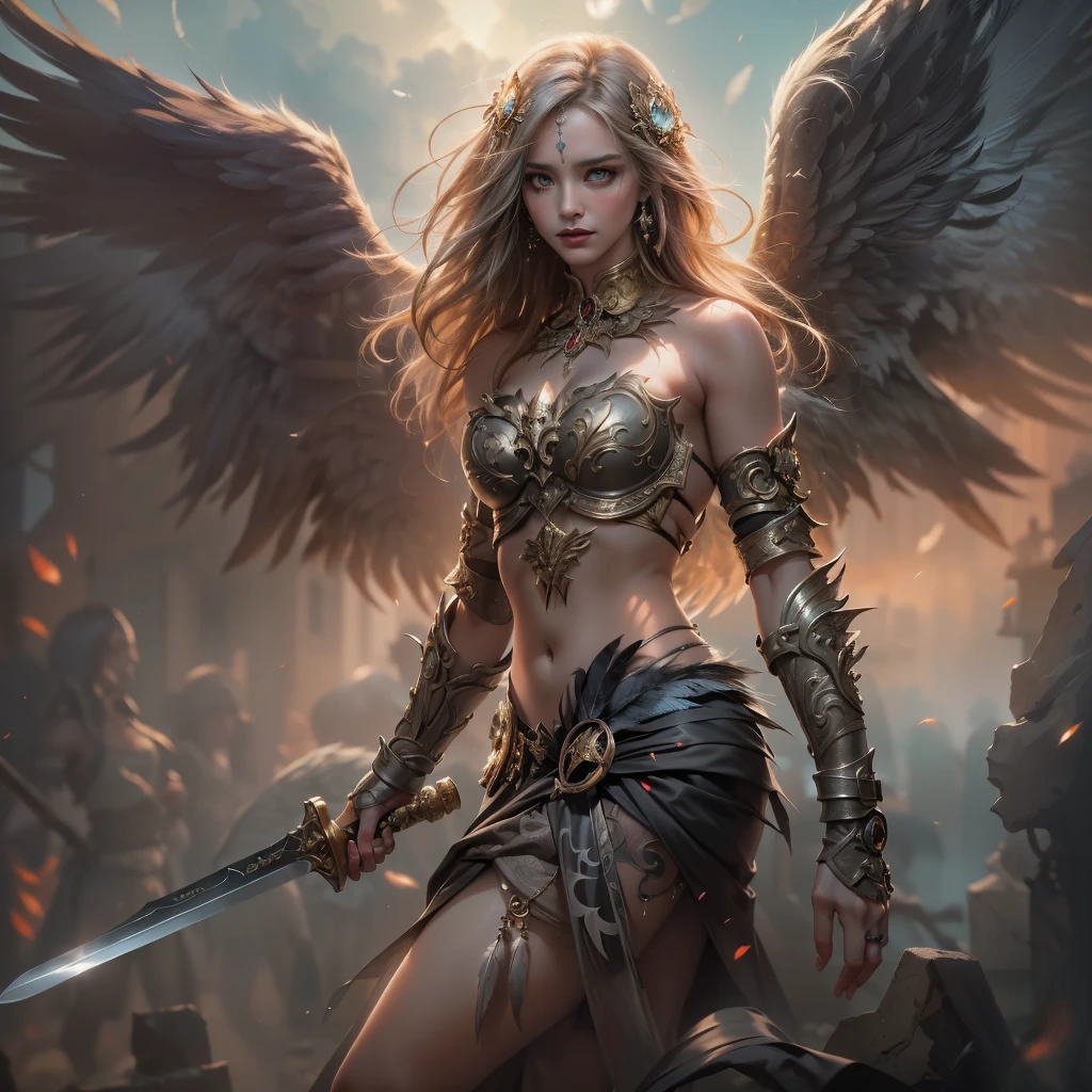 (Cinematic Photo: A full-length shot, concept art created by Apterus, Agostino Arrivabene, and John Berkey with a rating of 1.3, featuring a topless blonde woman and a fallen angel in a dramatic pose, 8K Octane Render masterpiece, displaying masterpiece-scale beauty, intricately detailed, impressive depth of field, and an ultra-wide field of view. The CG perspective showcases ultra-dynamic lighting with amazing shadows and dramatic lighting effects, immersing the viewer in a cinematic experience. Moreover, the image boasts a professional, 4K, highly detailed finish, showcasing intricate details, particularly