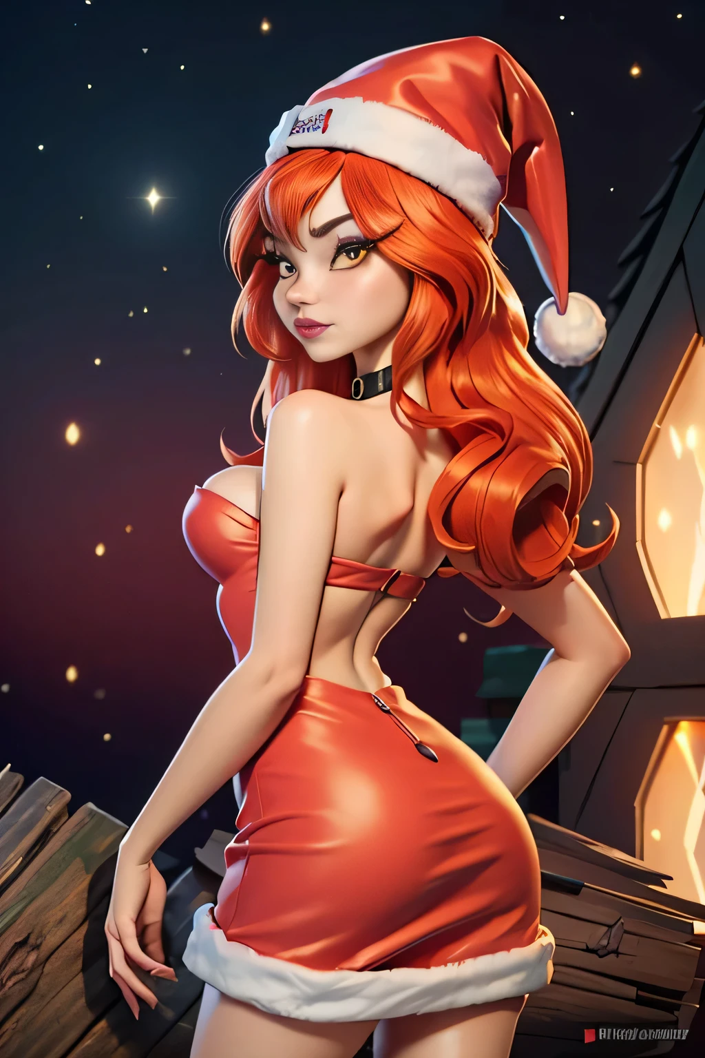 close up 1girl in, photo of Dark Bloom, Waifu, Anime style, Solo, (messy copper red hair, very long hair, thick red hair), (perfect clear skin, pale skin, detailed skin, large breasts, round breasts, perfect body, skinny, thin, thin hips, thin waist: 1.25), (she is looking away from camera, shot from behind, up skirt, focus on ass:1.2), (wearing makeup, (santa), red santa dress, santa hat, strapless dress: 1.5), looking down at her, leaning towards you, Looking up at you, seeing down her cleaveage, (cozy log cabin, stary sky), (realistic photo, best quality, detailed), (8k wallpaper), (natural lighting, beautiful light, delicate, soft colors, cinematic)