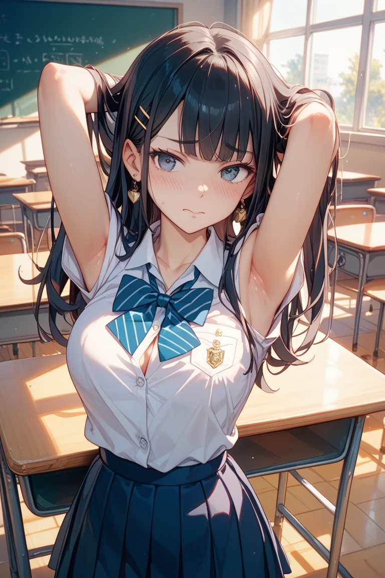 Highest quality、High resolution、Detailed Background、(Beautiful face in every detail:1.4)、Anatomically correct、(Normal number of fingers:1.2)、(Highly detailed face)、(Detailed eyes)、Teenage beauty、(Huge breasts:1.3)、Perfect body line、Light color hair、ponytail、Braided bob cut、cute hairstyle、well-groomed eyebrows、
Attractive upper arms、Excited、Crying face、Blushing、Accentuate your armpits、Show your shoulders and arms、Chest with tearing clothes、Accentuate your cleavage、
(Woman posing with exposed armpits and looking at camera with embarrassed expression:1.5)、
Sitting at a desk in a school classroom、JK Uniform、White sleeveless blouse、Navy blue pleated mini skirt、White Pantyhose、cute