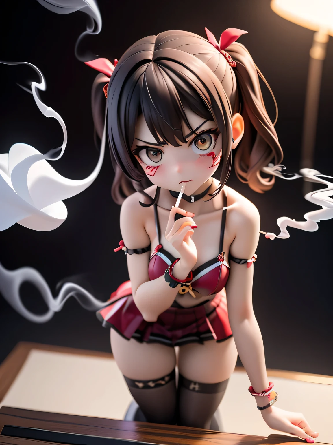 Little devil, heart-shaped tail, mature expression, eyeliner, tongue sticking out, shyness, wiggles, little devil's cute outfit, red lipstick, upturned eyes, blurred background of many balloons, small breasts, ((topless:1.3))