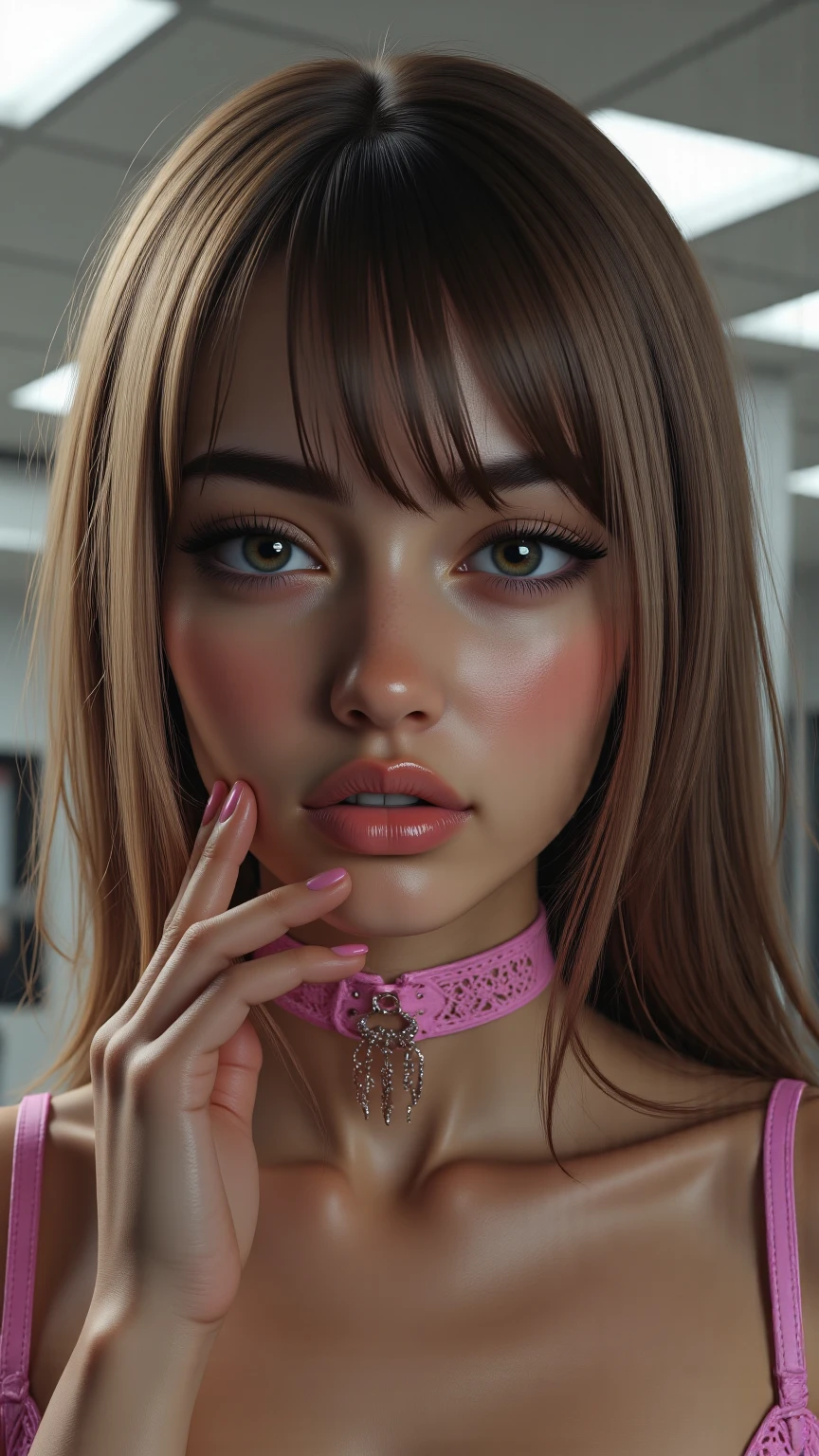 best quality, ultra high res, 1girl, sleeveless white button shirt, black skirt, black choker, cute, (Kpop idol), (aegyo sal:1), (platinum blonde hair:1), ((puffy eyes)), looking at viewer, full body, facing front