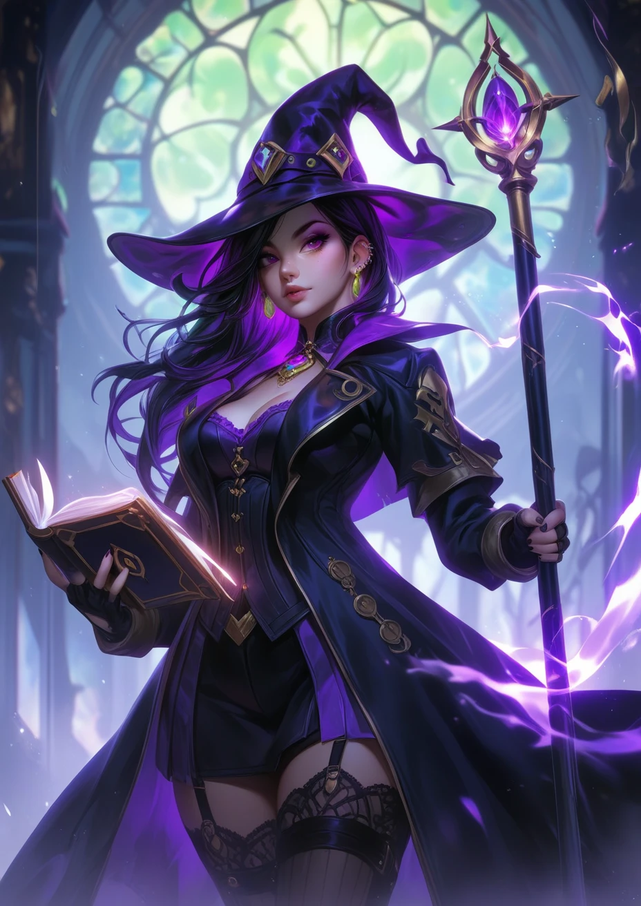 Witch, Canary colors, witch hat, witch outfit, in darkness surrounded by pink and purple specks of light, masterpiece, best quality